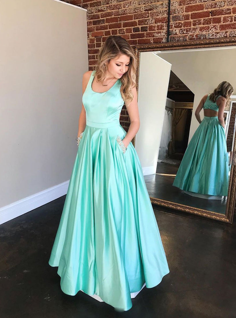 Simple Green Sleeveless Open Back Satin Long Evening Dresses