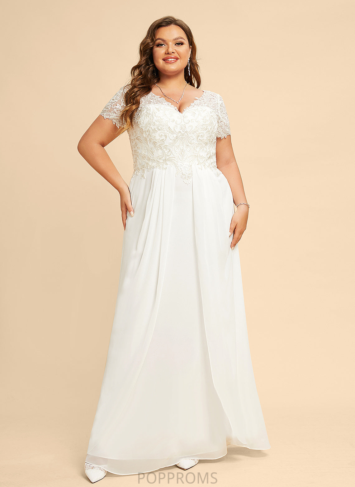 A-Line With Lace Wedding Floor-Length Chiffon Wedding Dresses V-neck Dress Siena