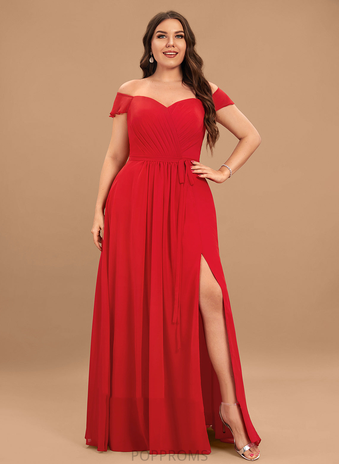 Length Silhouette Fabric A-Line Off-the-Shoulder Floor-Length Embellishment Neckline SplitFront Ruffle Lainey Sleeveless Bridesmaid Dresses