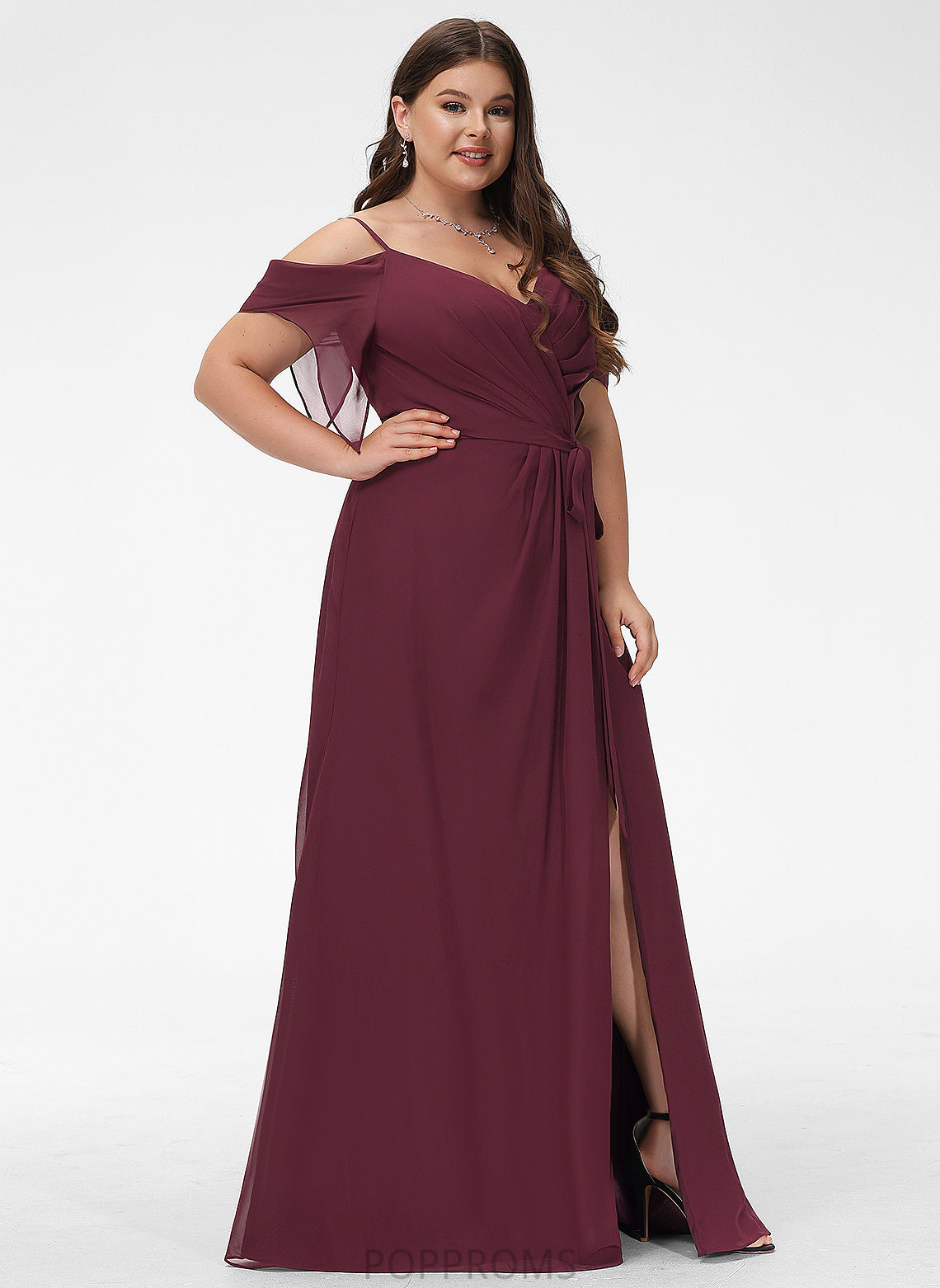 Floor-Length V-neck With Chiffon Prom Dresses Ruffle Jasmin A-Line