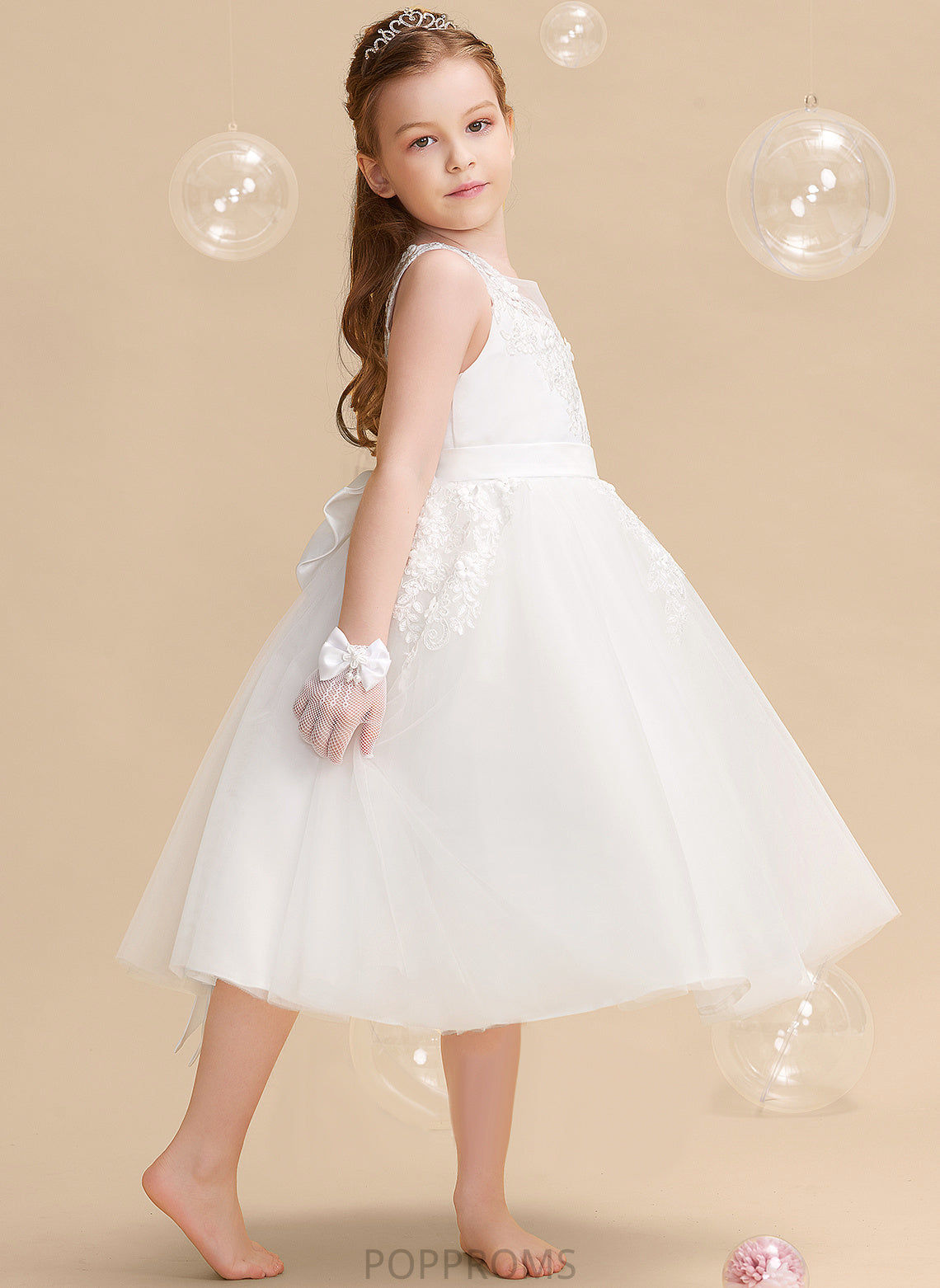 Talia - Sleeveless Flower Girl Dresses Flower With Tea-length Scoop Dress Neck A-Line Beading/Flower(s) Girl Tulle/Lace