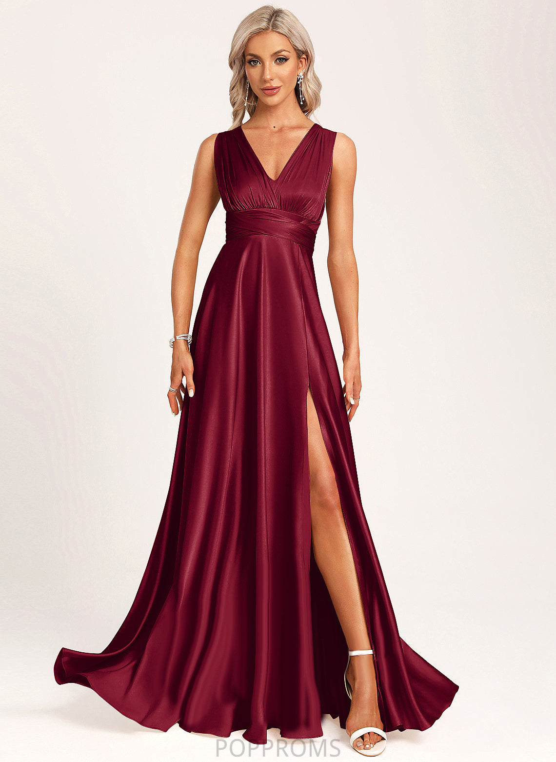 V-neck A-Line Satin One-Shoulder Length Silhouette Straps&Sleeves Halter Floor-Length Fabric Neckline Janelle Bridesmaid Dresses