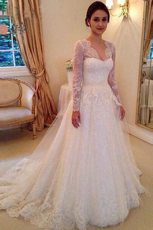 Charming V Neck Long Sleeves Sweep Train Lace Wedding Dresses