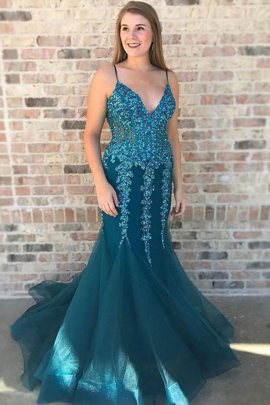 Gorgeous Spaghetti Straps V Neck Backless Mermaid Prom Dresses