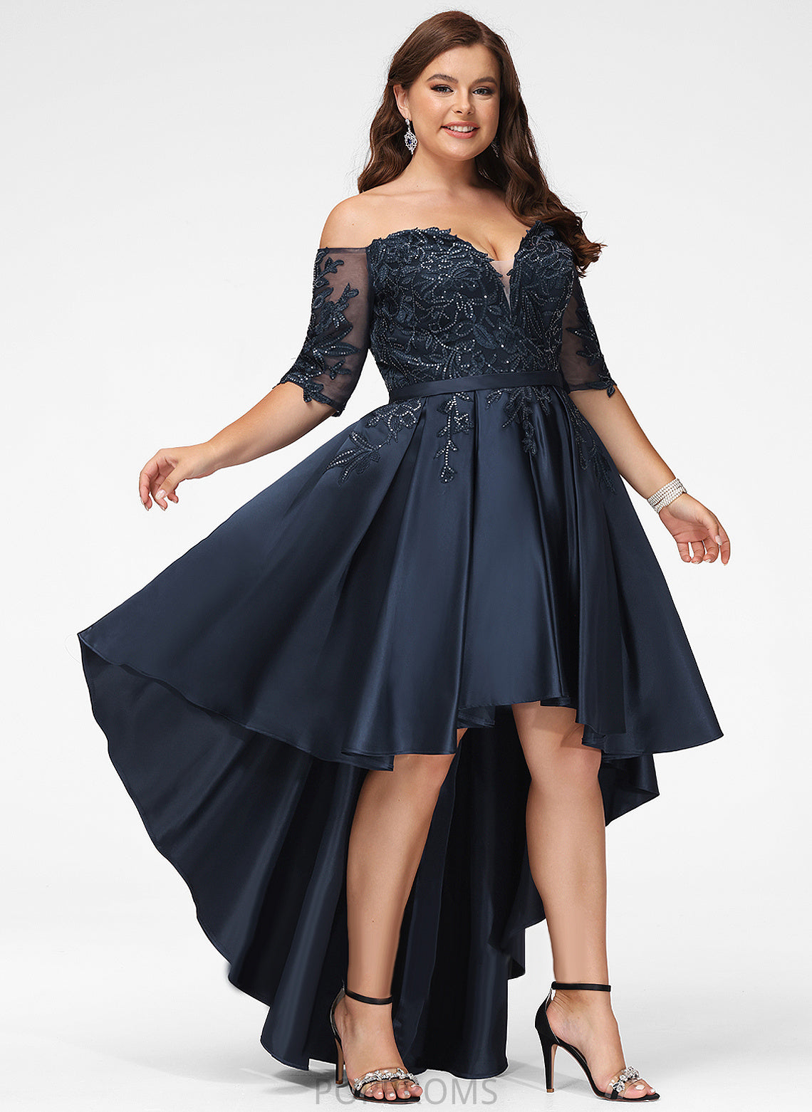 Asymmetrical Sequins Off-the-Shoulder Regina A-Line Lace With Satin Prom Dresses