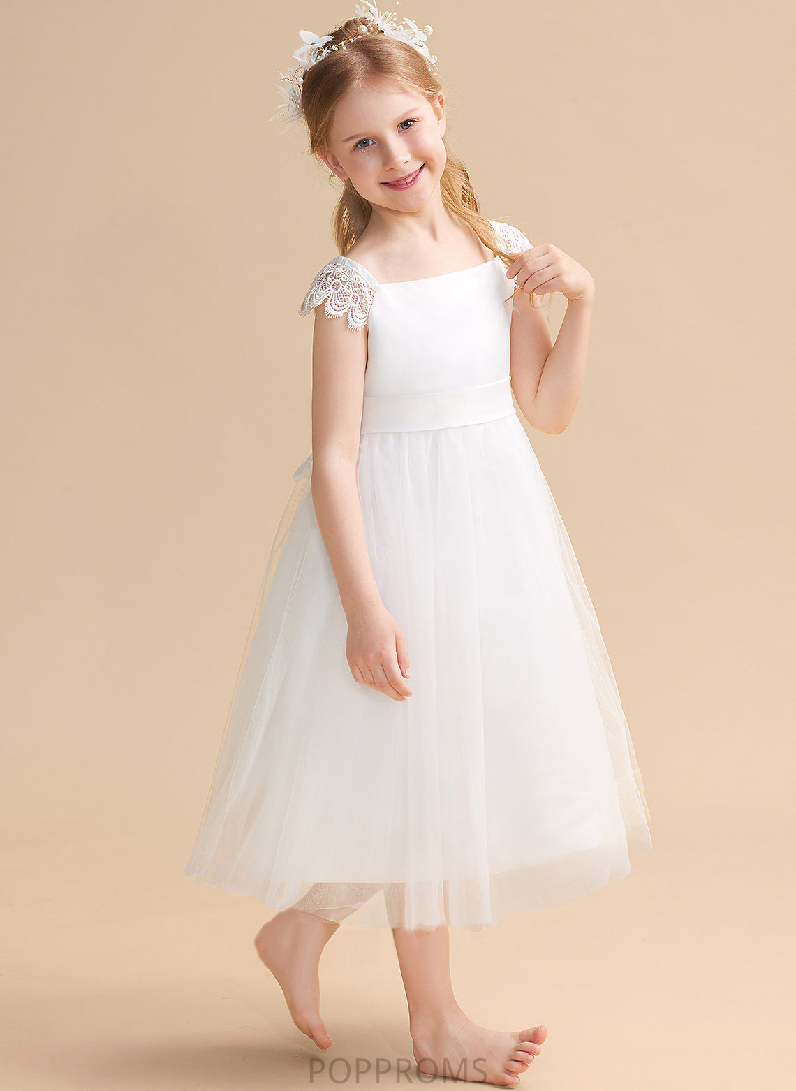 With Satin/Tulle Dress Flower Lace/Sash - Square Neckline Flower Girl Dresses Girl Tea-length A-Line Ellen Sleeveless