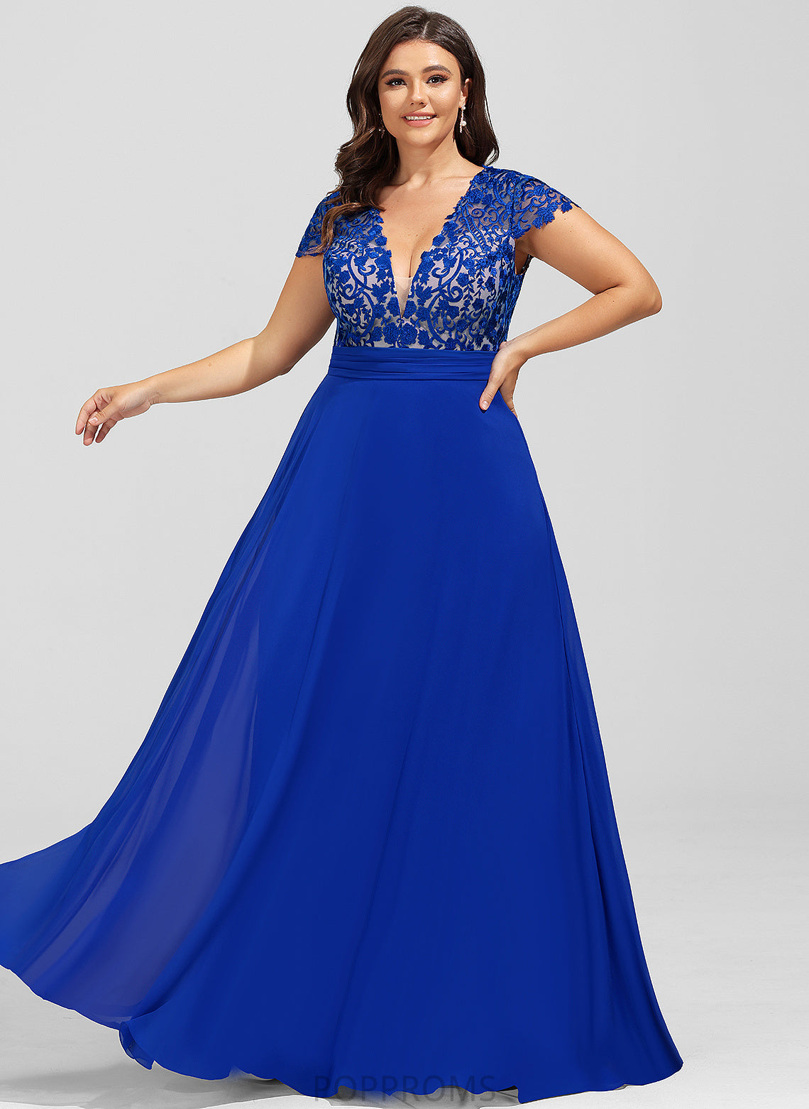 V-neck Lace Floor-Length With Chiffon Damaris Ruffle A-Line Prom Dresses