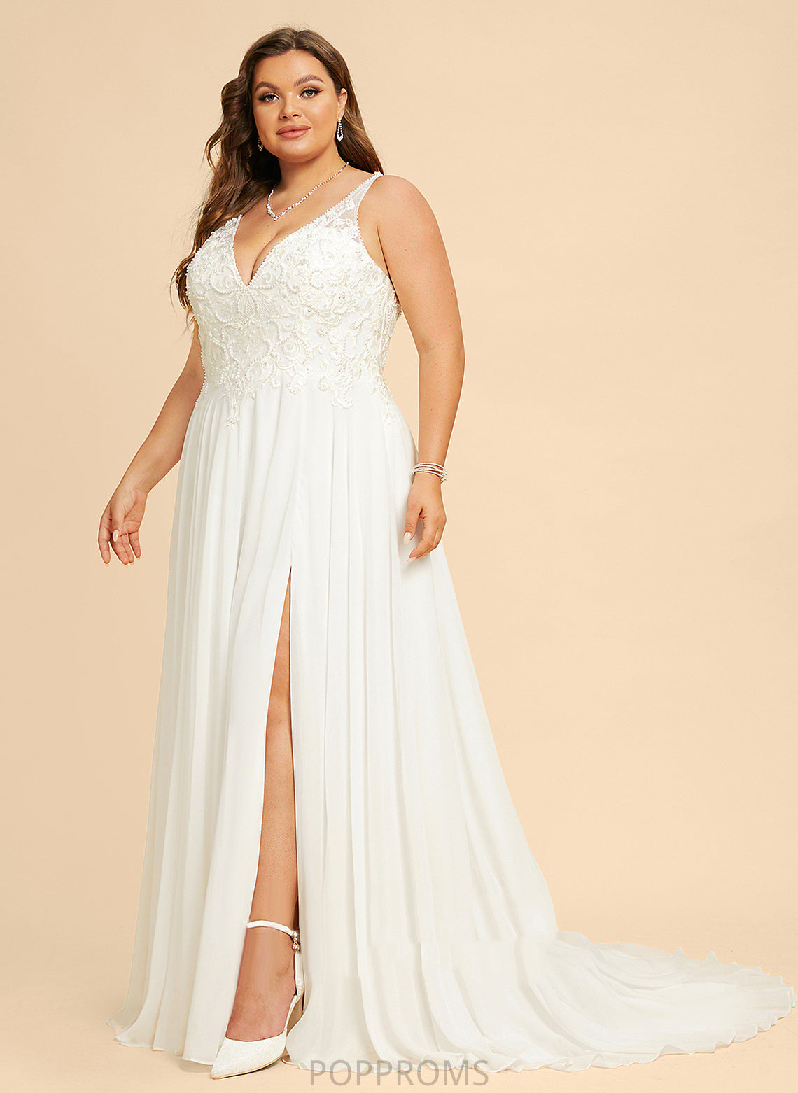 Wedding Chiffon Front A-Line Malia Split Dress Sequins Beading With Lace Sweep V-neck Train Wedding Dresses