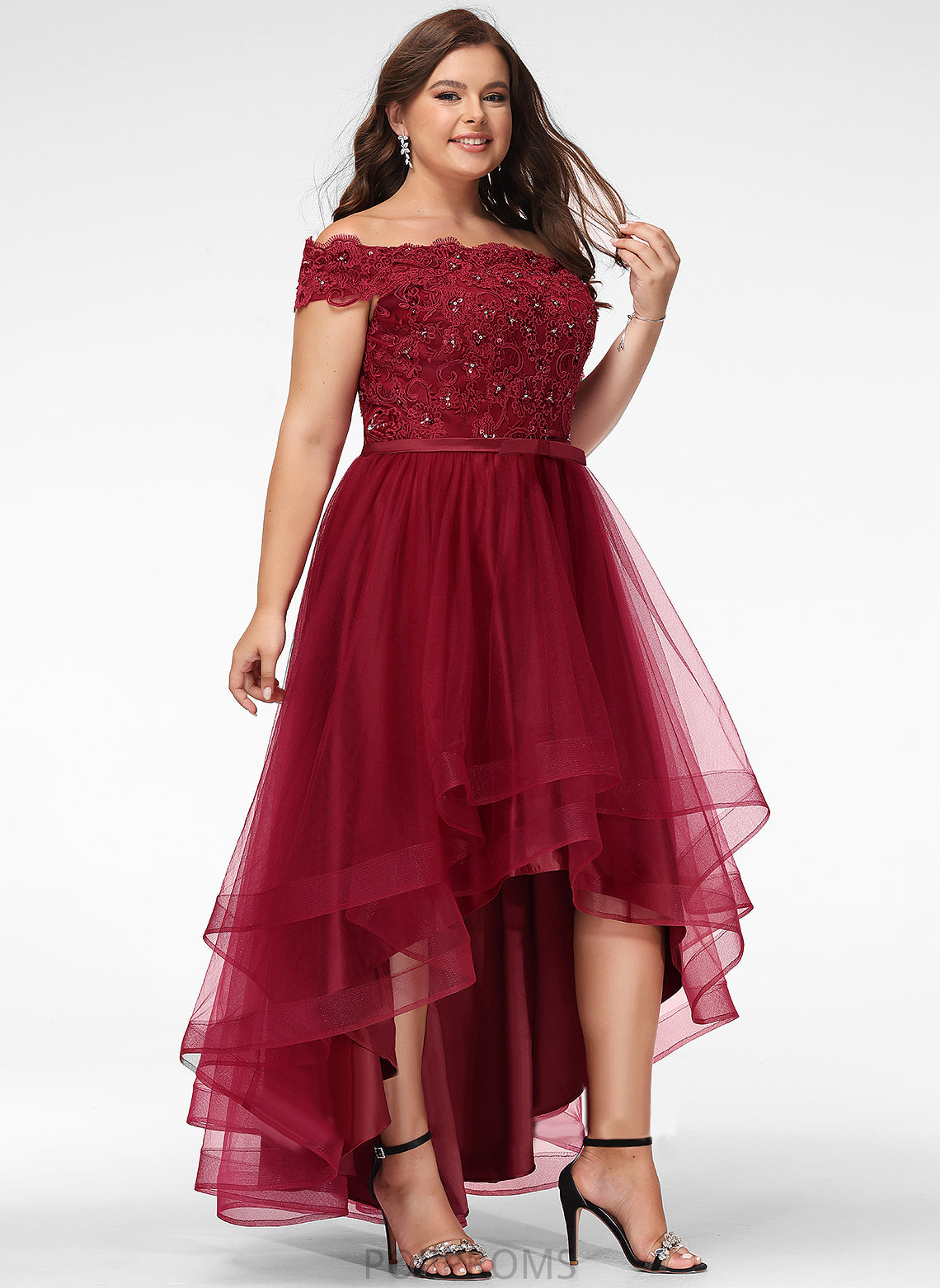 With Off-the-Shoulder A-Line Sequins Lace Tulle Asymmetrical Diya Beading Bow(s) Prom Dresses