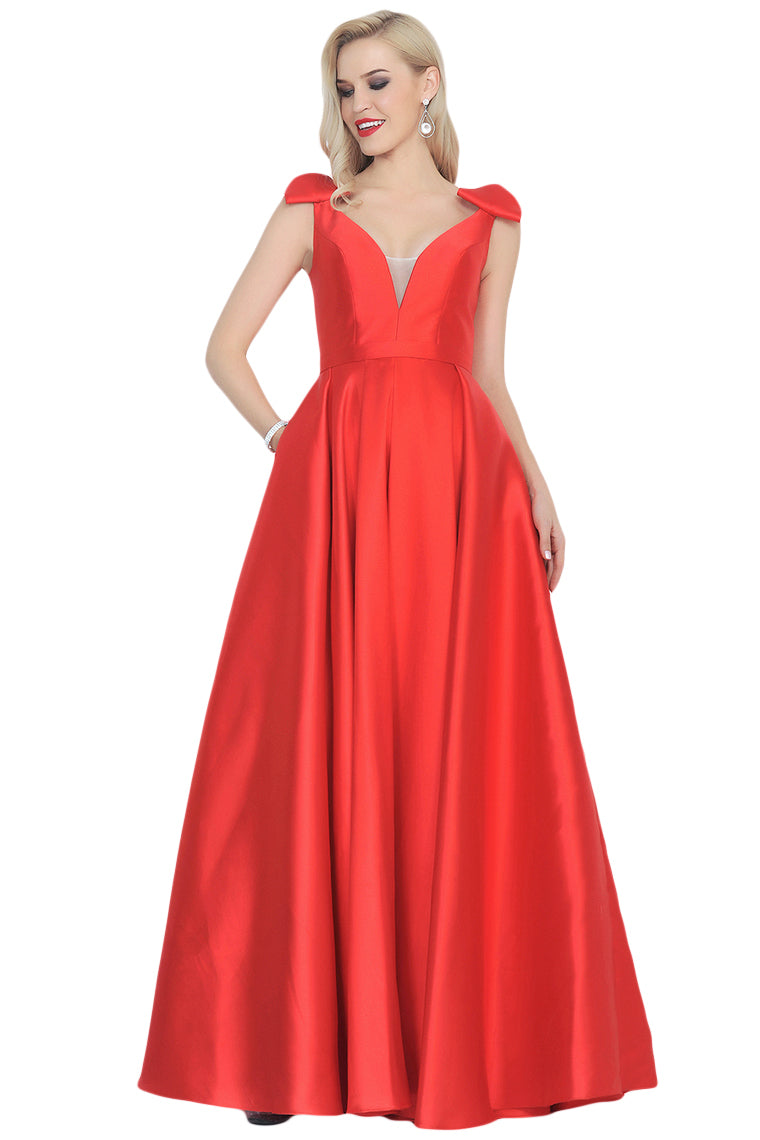 2024 V-Neck Bubble Shoulder A-Line Satin Evening Dress Floor-Length