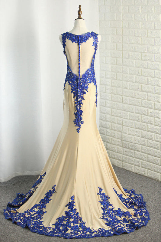 2024 Mermaid Spandex Scoop Prom Dresses With Applique Sweep Train