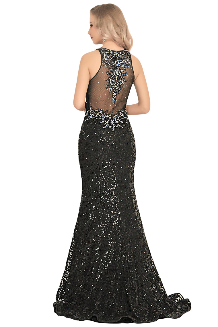 2024 Scoop Lace With Beading Mermaid Sweep Train Prom Dresses