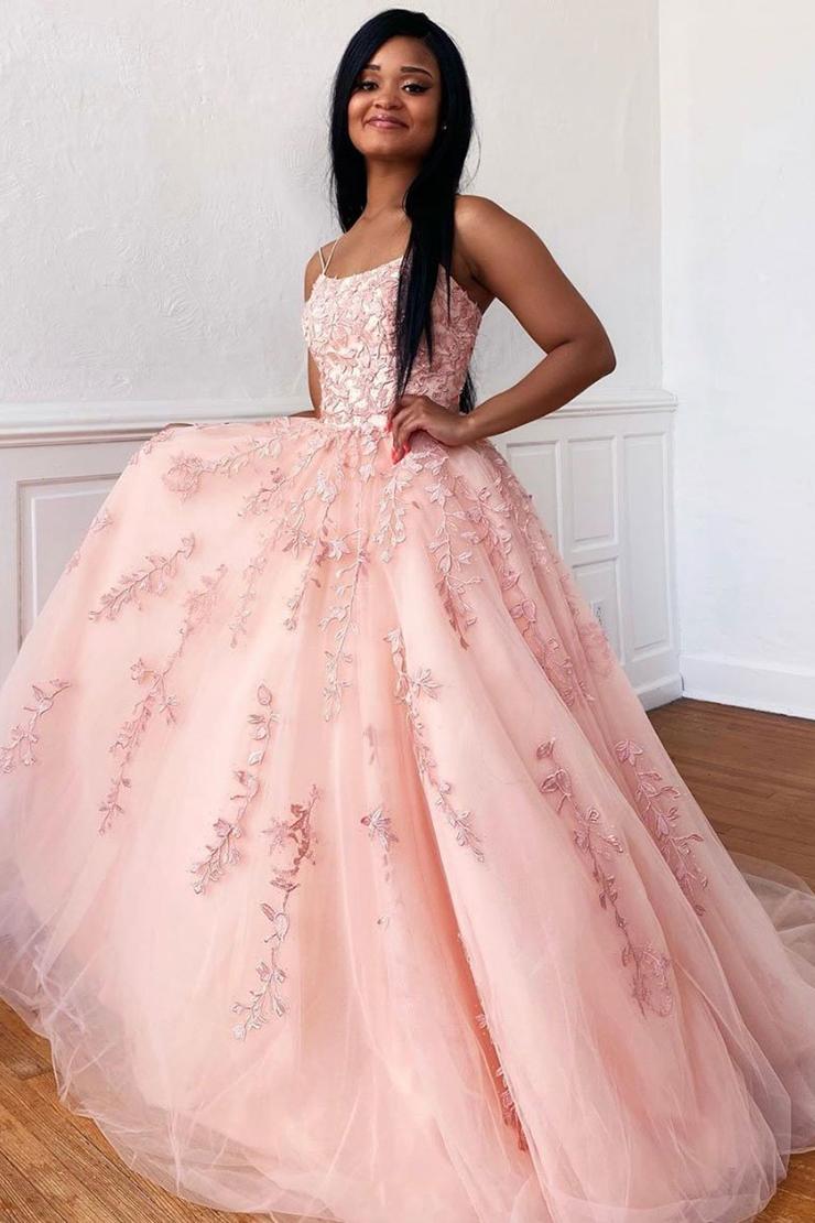 Pink Sleeveless A Line Tulle Lace Appliques Long Prom Dresses