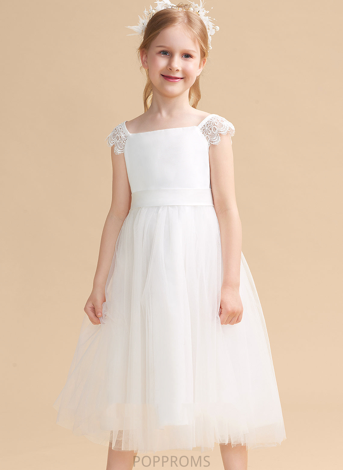 With Satin/Tulle Dress Flower Lace/Sash - Square Neckline Flower Girl Dresses Girl Tea-length A-Line Ellen Sleeveless