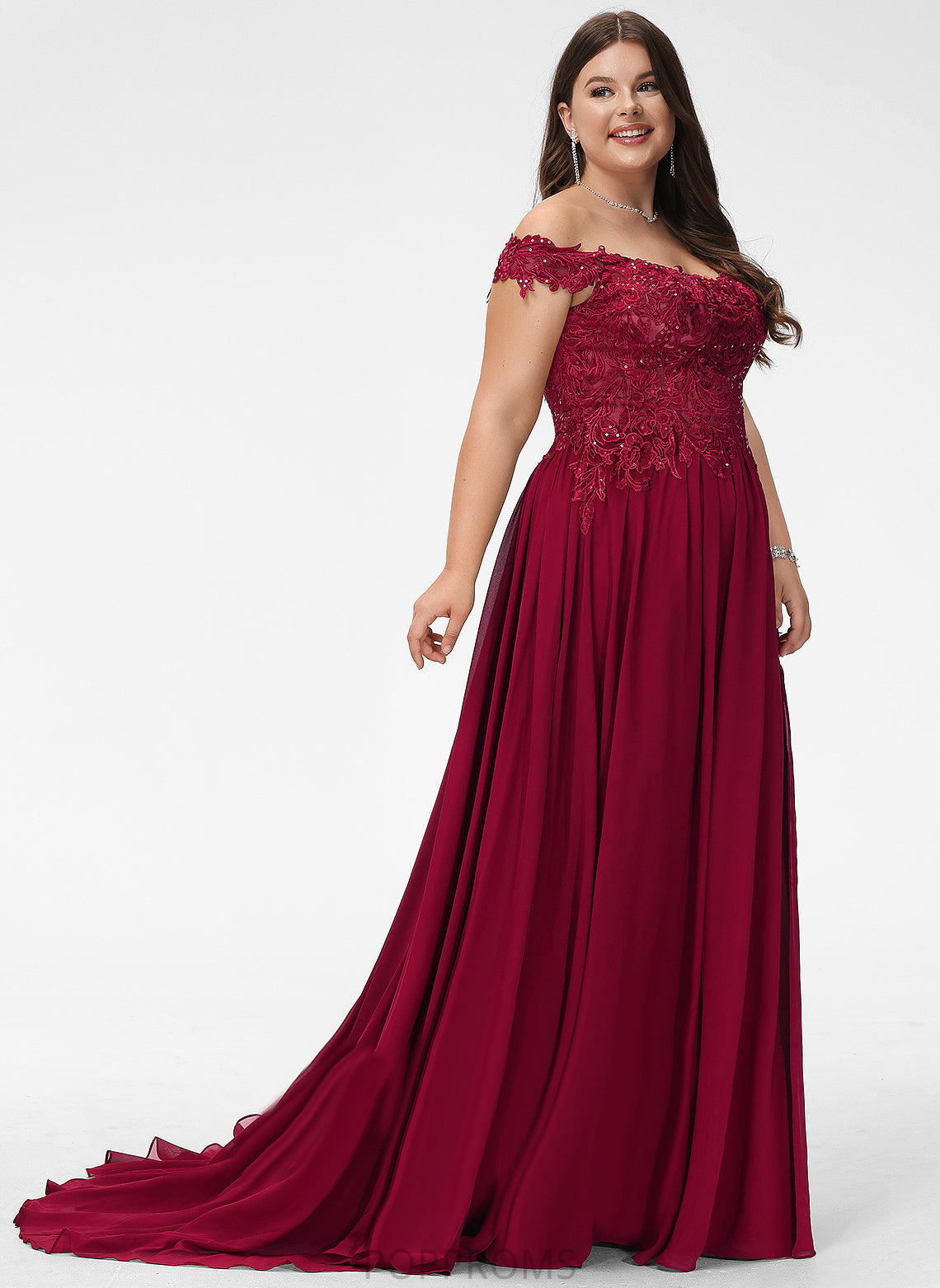 Chiffon Train A-Line Prom Dresses Lace Alicia Sequins With Off-the-Shoulder Sweep