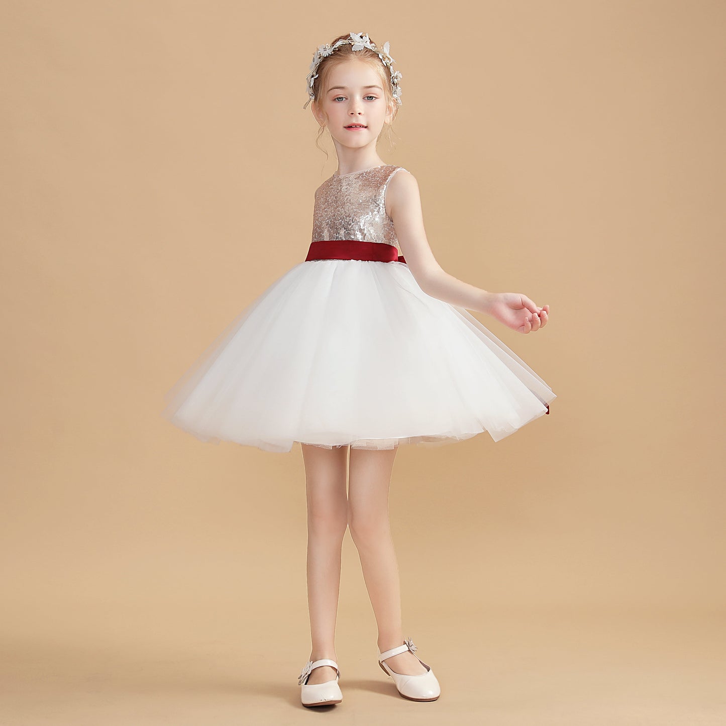 Short Gold Sequins Flower Girl Dresses With White Tulle