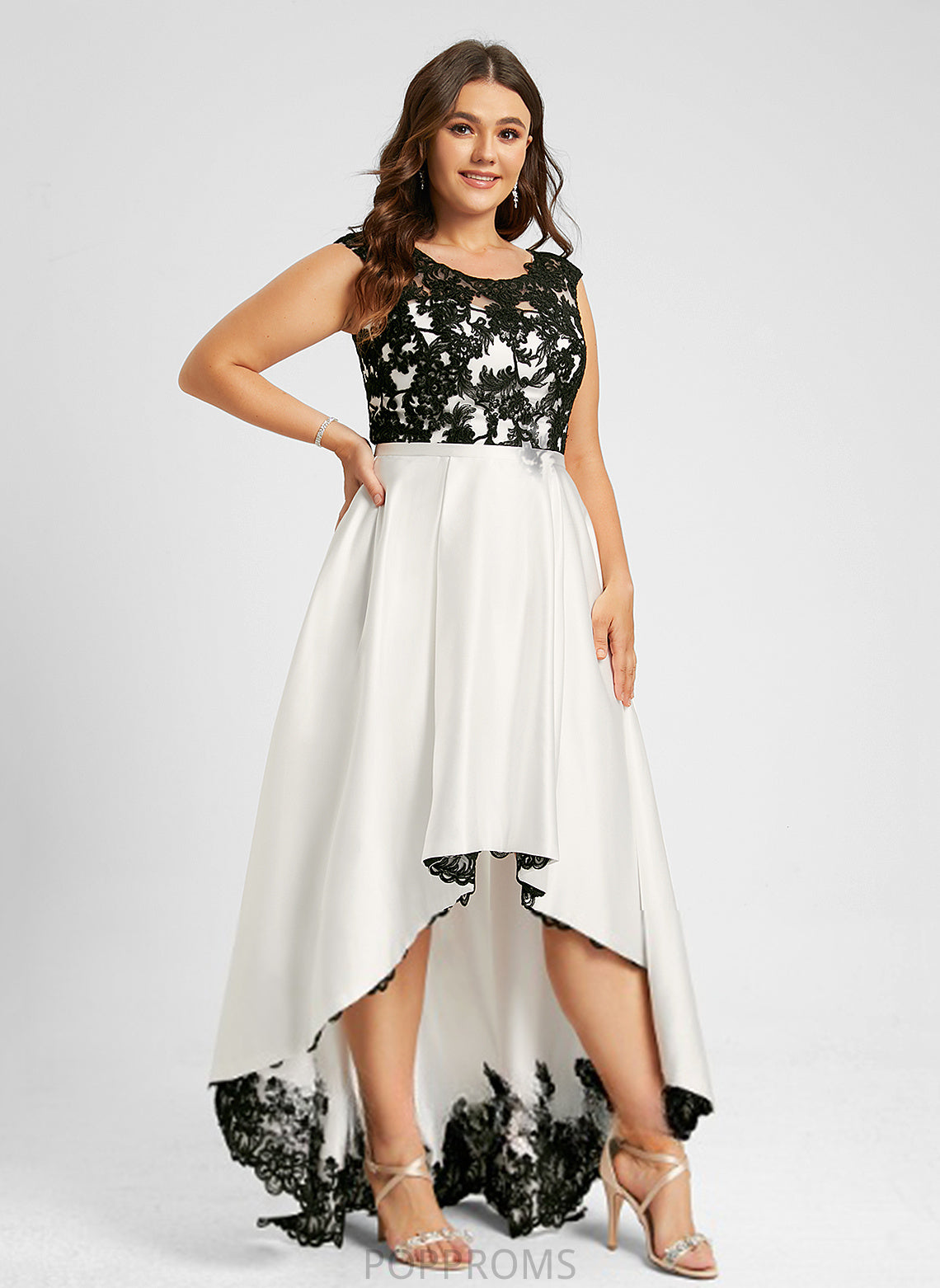 Satin Molly Asymmetrical Lace Scoop Illusion A-Line Prom Dresses