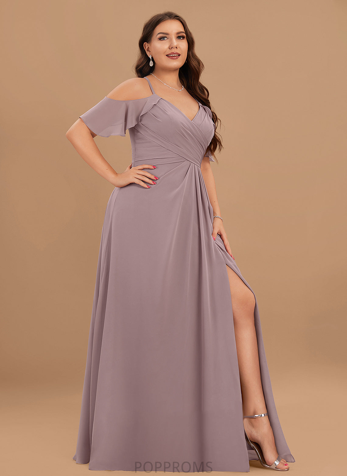 Ruffle V-neck Floor-Length CascadingRuffles A-Line ColdShoulder Neckline SplitFront Fabric Silhouette Embellishment Length Bridesmaid Dresses