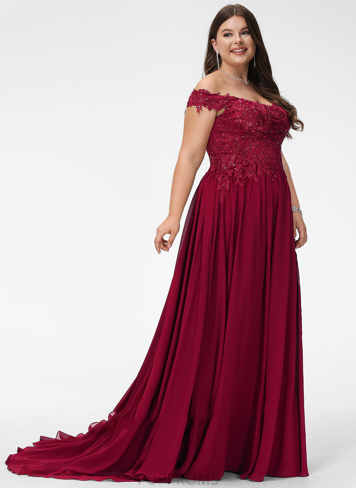 Lace Shaniya With Off-the-Shoulder Chiffon A-Line Train Sweep Prom Dresses Sequins