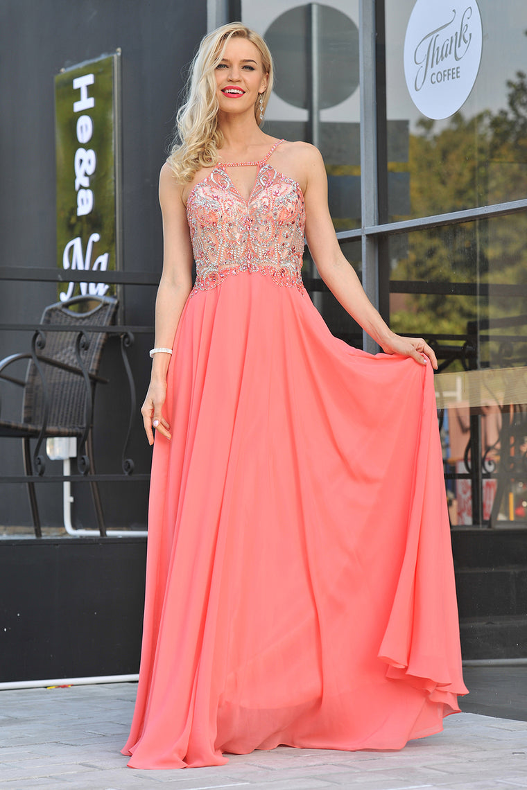 2024 A Line Spaghetti Straps With Beading Prom Dresses Chiffon Open Back