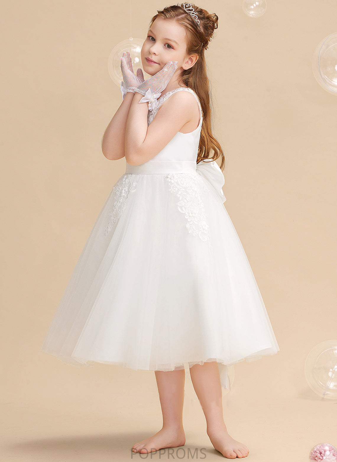 Talia - Sleeveless Flower Girl Dresses Flower With Tea-length Scoop Dress Neck A-Line Beading/Flower(s) Girl Tulle/Lace