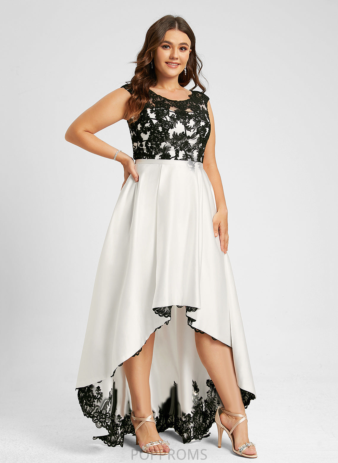 Lace Satin Adrianna Asymmetrical Prom Dresses Scoop Ball-Gown/Princess