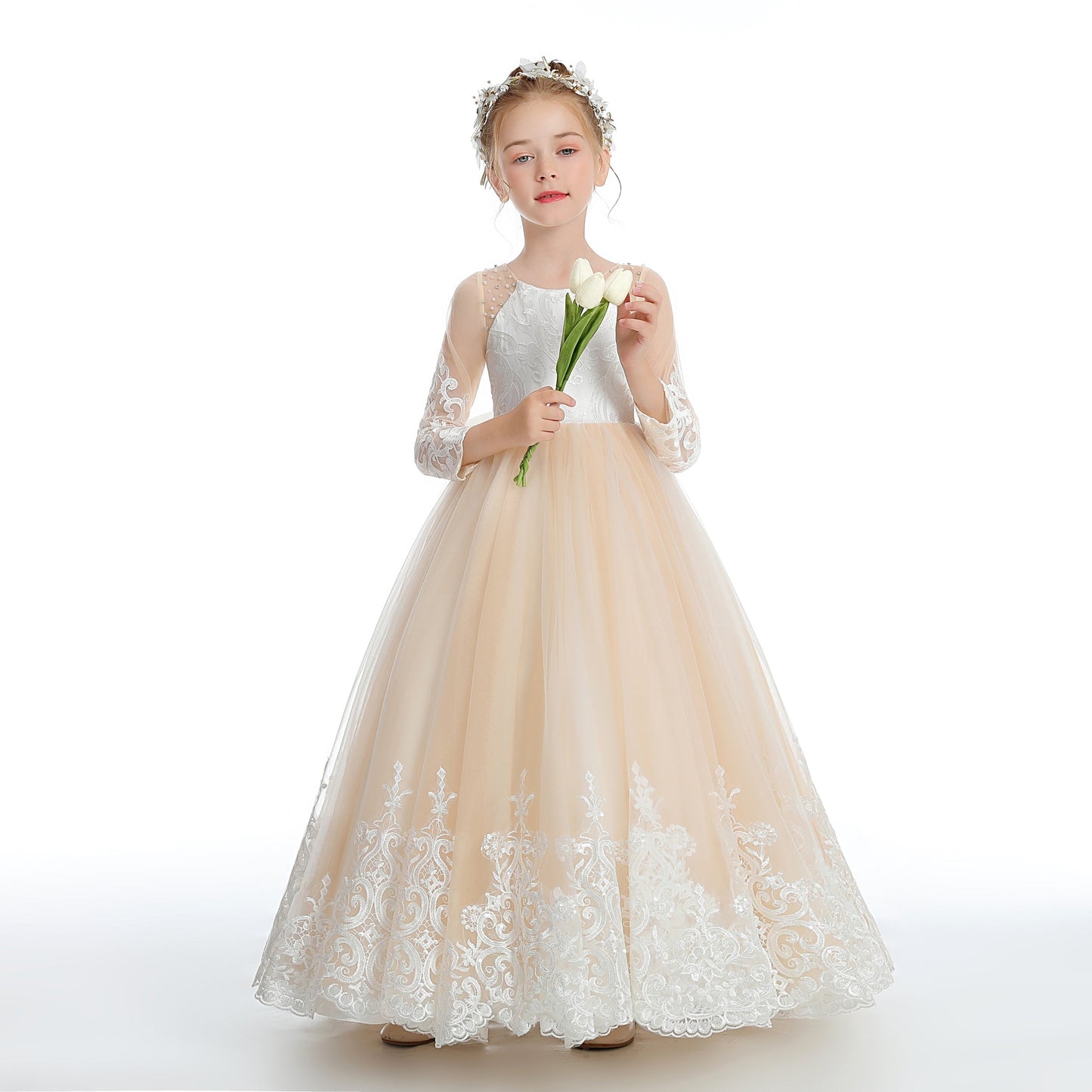 Floor Length Champagne Tulle Flower Girl Dresses With Pearls