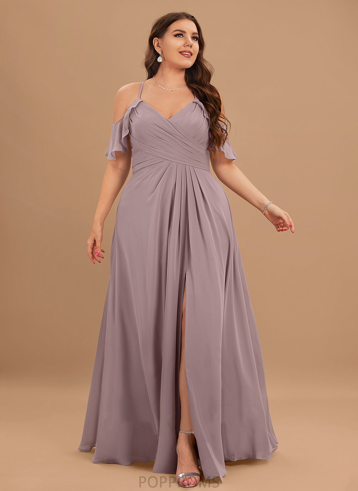 Ruffle V-neck Floor-Length CascadingRuffles A-Line ColdShoulder Neckline SplitFront Fabric Silhouette Embellishment Length Bridesmaid Dresses