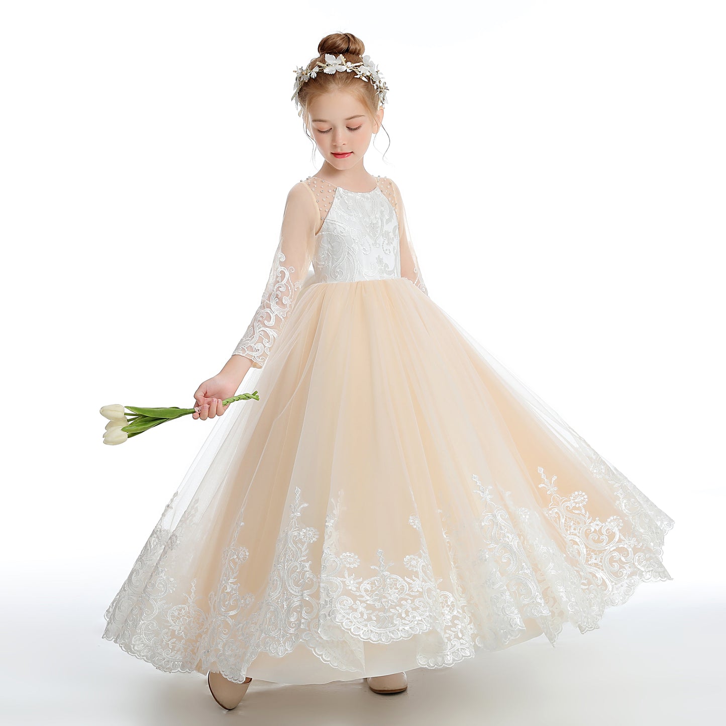 Floor Length Champagne Tulle Flower Girl Dresses With Pearls