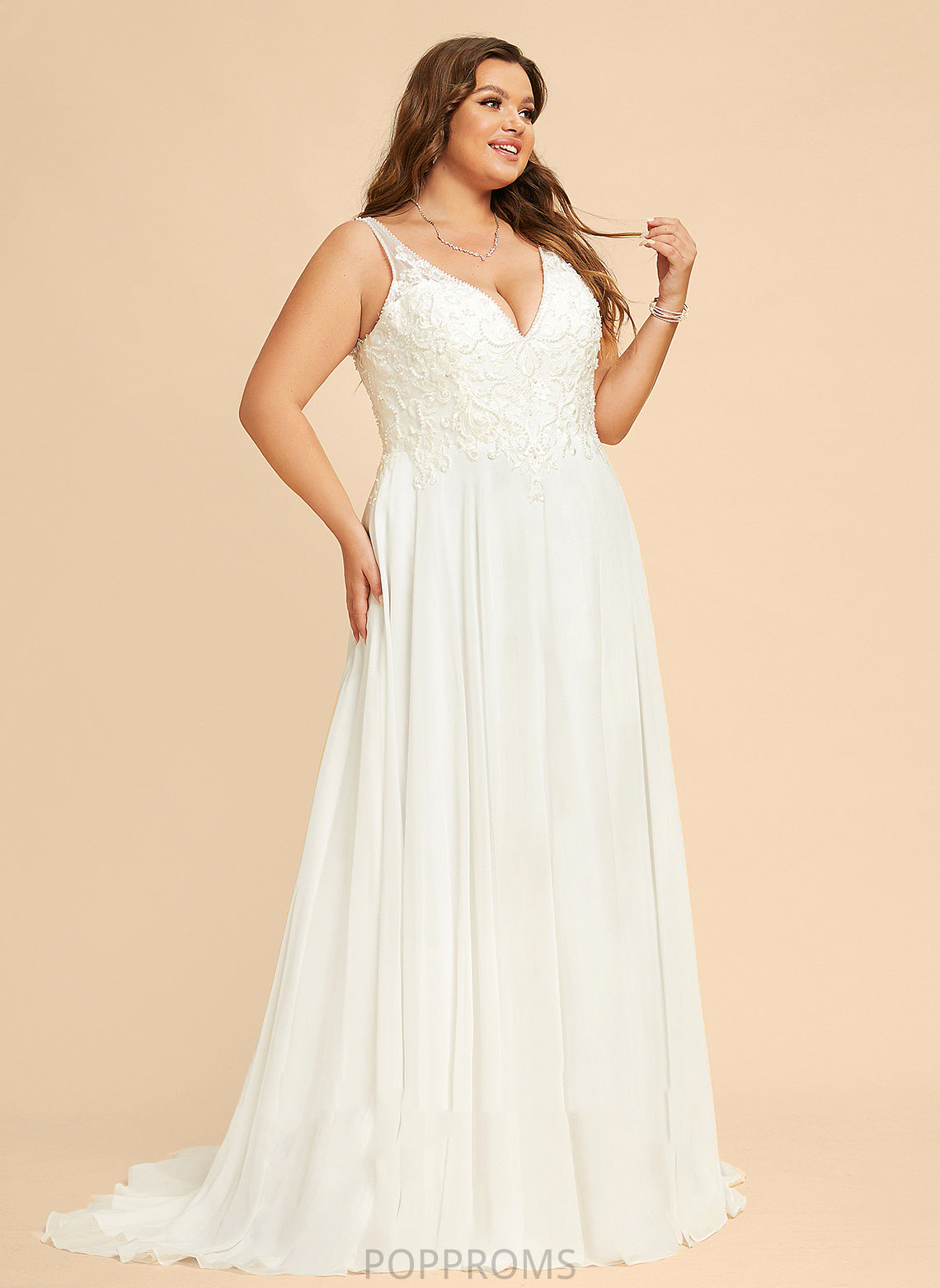 Wedding Chiffon Front A-Line Malia Split Dress Sequins Beading With Lace Sweep V-neck Train Wedding Dresses