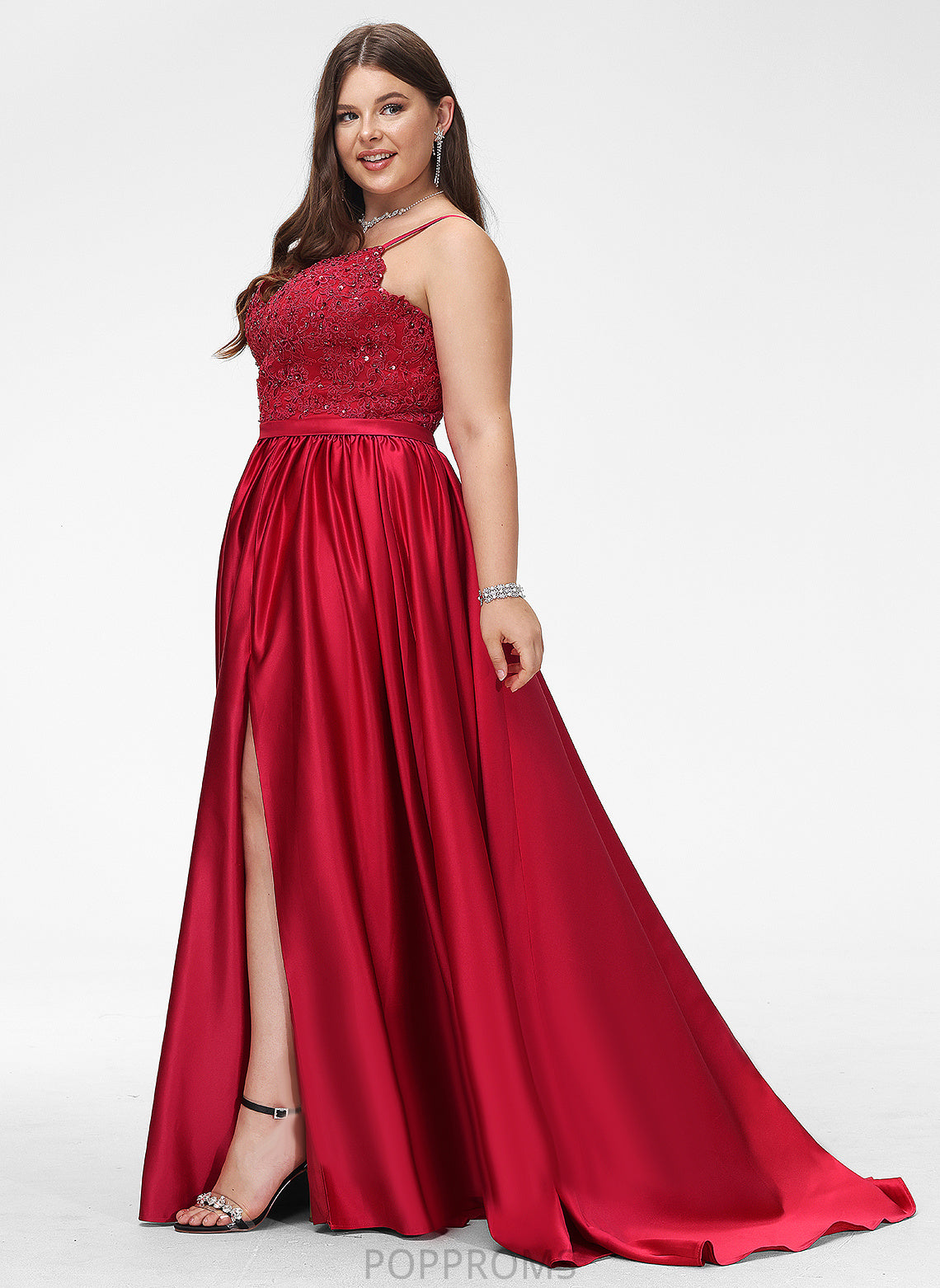 V-neck Satin Keyla With Sequins Sweep Ball-Gown/Princess Train Prom Dresses Beading Lace