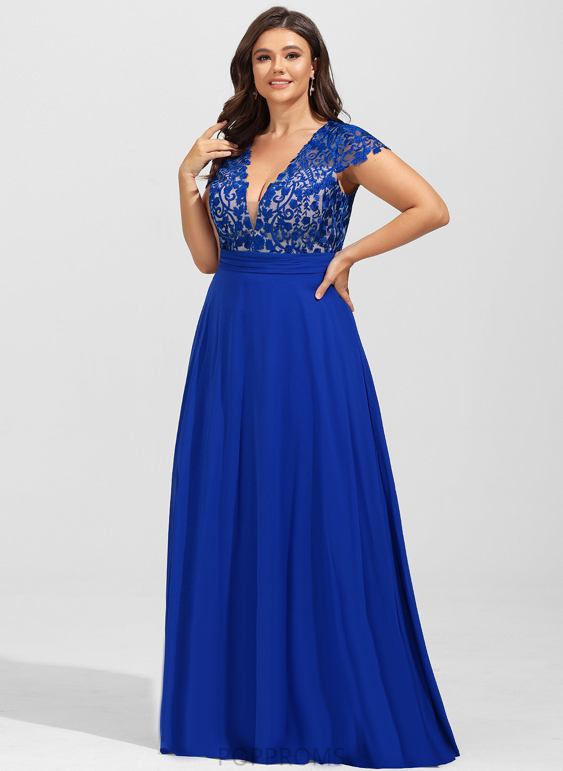 V-neck Lace Floor-Length With Chiffon Damaris Ruffle A-Line Prom Dresses