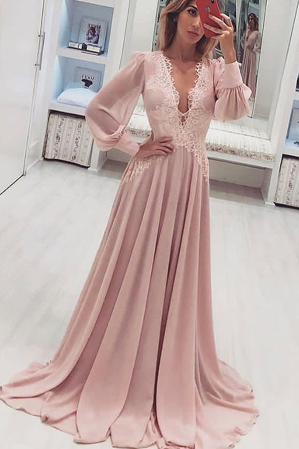 Simple Deep V Neck Lace Prom Dresses with Long Sleeves Party Dresses