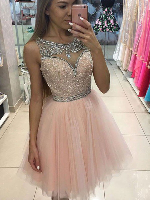 2024 A-Line Scoop Bateau Olivia Homecoming Dresses Sleeveless Sequins Beading Tulle Short/Mini