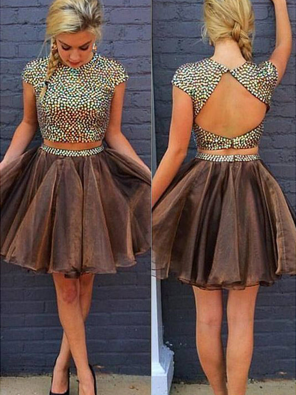 2024 Homecoming Dresses Zoey A-Line Two Piece Jewel Neck Short Sleeve Beading Back Cut Out Organza Short/Mini