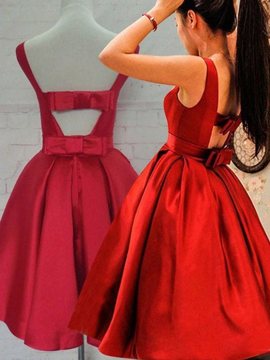 2024 A-Line Scoop Neck Amy Homecoming Dresses Satin Sleeveless Ruched Bowknot Back Cut Out Tea-Length