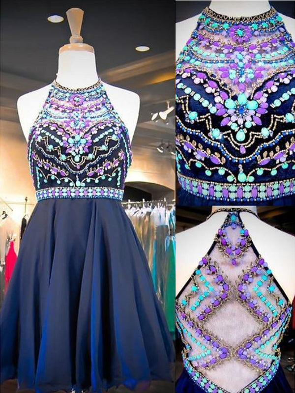 2024 A-Line Halter Sleeveless Chiffon Homecoming Dresses Mandy Rhinestone Beaded Short/Mini