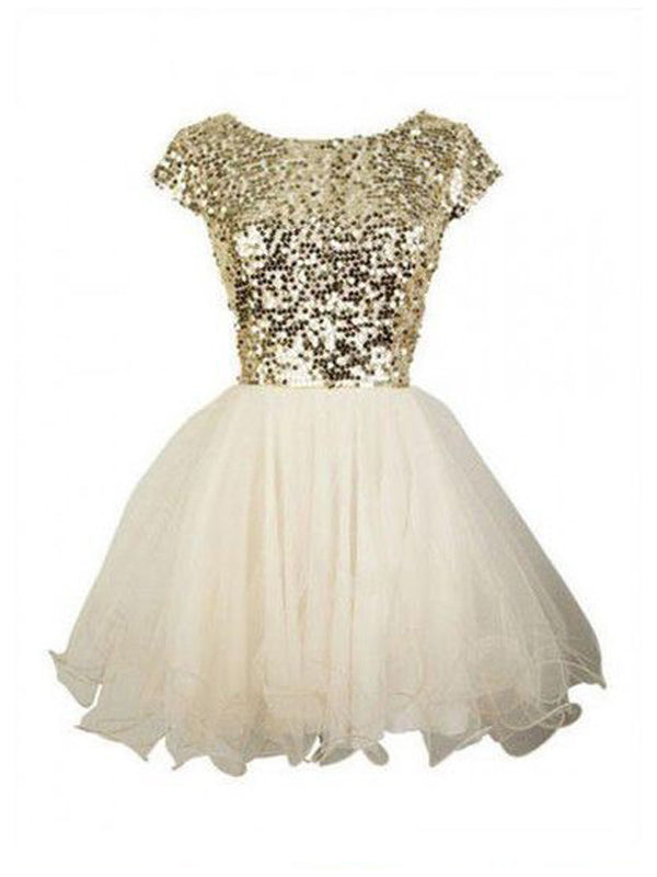 2024 Maleah Homecoming Dresses Ball Gown Scoop Neck Short Sleeve Sequin Organza Cut Short/Mini