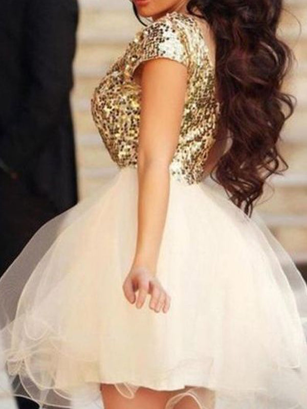 2024 Maleah Homecoming Dresses Ball Gown Scoop Neck Short Sleeve Sequin Organza Cut Short/Mini