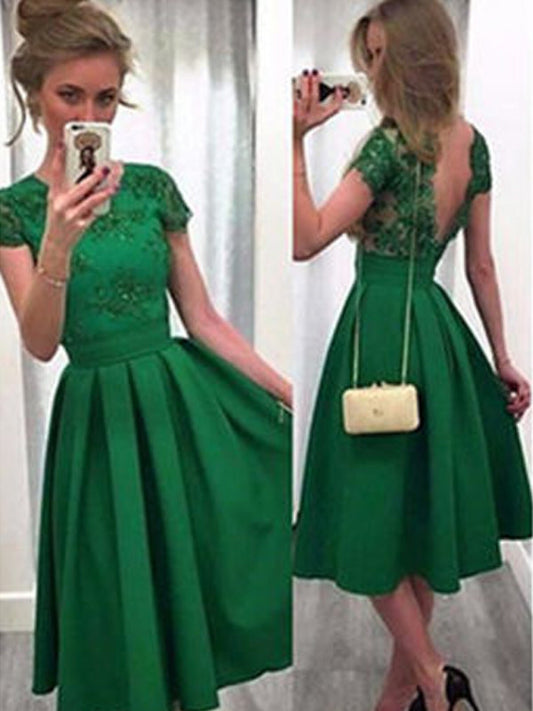 2024 Satin Donna Lace Homecoming Dresses A-Line Scoop Neck Short Sleeve V Back Tea-Length