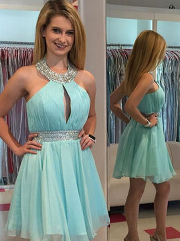 Chiffon Toni Homecoming Dresses 2024 A-Line Halter Sleeveless Cut Out Beading Sash/Ribbon/Belt Cut Short/Mini