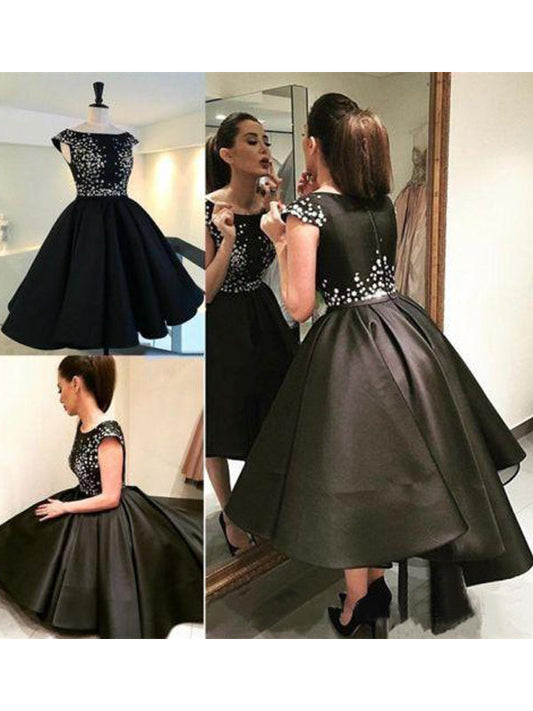 2024 Ball Gown Homecoming Dresses Armani Satin Scoop Neck Cap Sleeve Beaded High Low Tea-Length