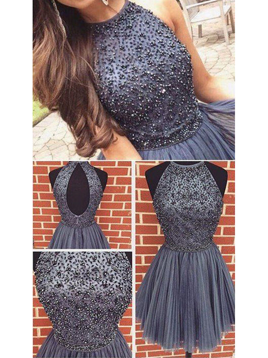 2024 A-Line Halter Sleeveless Homecoming Dresses Gwendolyn Beaded Pleated Cut Out Cut Short/Mini