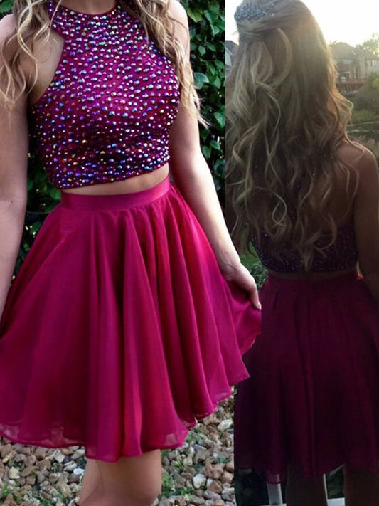 Homecoming Dresses Abby Chiffon 2024 A-Line Halter Sleeveless Beaded Two Piece Cut Short/Mini