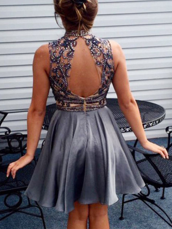 2024 A-Line High Neck Sleeveless Beading Cut Aspen Homecoming Dresses Short/Mini