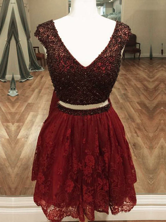 2024 A-Line V Neck Cap Sleeve Claudia Lace Homecoming Dresses Two Piece Beading Cut Short/Mini