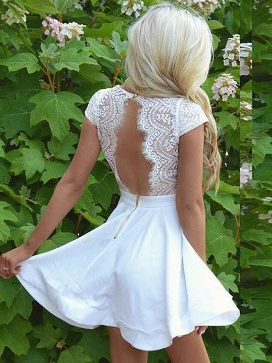 2024 A-Line Lace Perla Homecoming Dresses V Neck Cap Sleeve Cut Out Back Cut Short/Mini