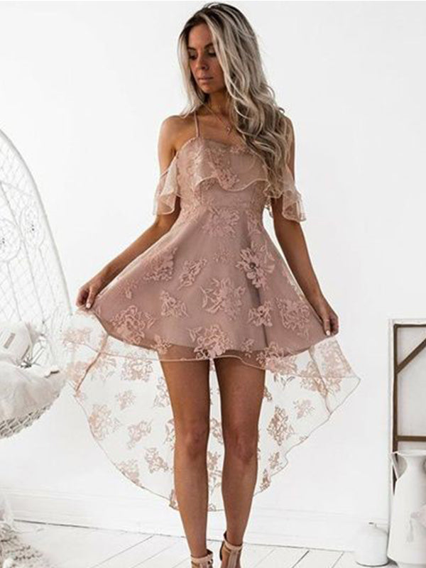 2024 A-Line Straps Criss Cross Off-The-Shoulder High Low Homecoming Dresses Lace Elsa Cut Short/Mini