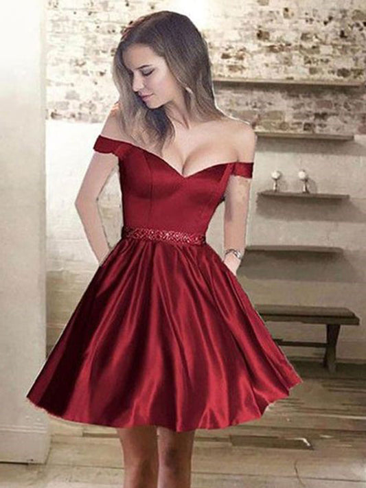 2024 A-Line Sweetheart Homecoming Dresses Satin Rosalind Off-The-Shoulder Beading Cut Short/Mini