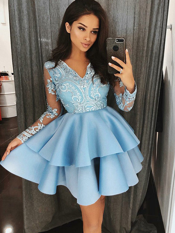 2024 Ball Gown V Neck Long Sleeve Applique Beading Layers Cut Guadalupe Homecoming Dresses Short/Mini